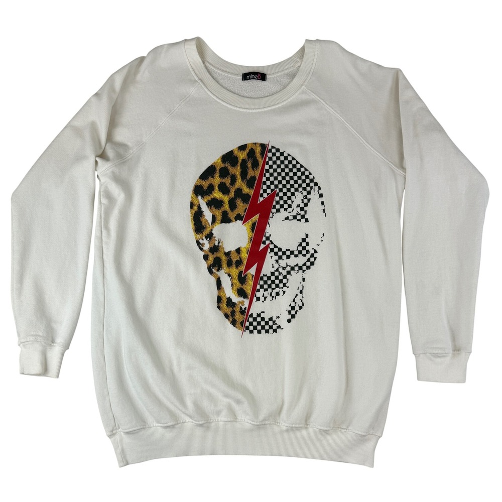 MineB Sweatshirt Womens Medium Cream Skull Leopard Checkered Lightning Bolt